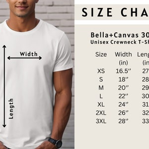 Pu&ograve; includere: Tabella delle taglie per una t-shirt unisex a collo rotondo Bella+Canvas 3001. La tabella mostra la larghezza e la lunghezza in pollici per le taglie XS a 3XL.