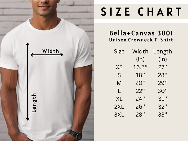 Pu&ograve; includere: Tabella delle taglie per una t-shirt unisex a collo rotondo Bella+Canvas 3001. La tabella mostra la larghezza e la lunghezza in pollici per le taglie XS a 3XL.