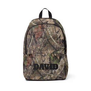 Personalized Camo Backpack, Custom Back to School Bags, Gift for Hunters, Rustic Camouflage Pack, Unisex Fabric Backpack