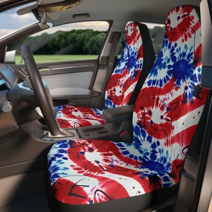 American Flag Car Seat Covers for Vehicle, Red White and Blue Tie Dye Seat Covers, July 4th,Bizarre Car Seat Covers, Universal Fit, Set of 2