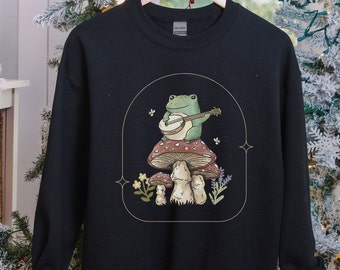 Frog On A Mushroom Sweatshirt, Cute Frog Sweatshirt, MILF- Man I Love Frogs, Cottagecore Shirt, Toad Playing Banjo, Oversized Crewneck