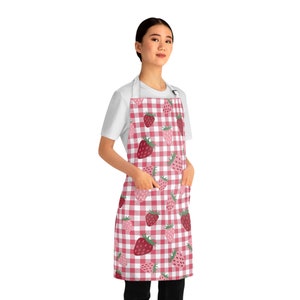 Strawberry Checkered Apron, Aprons for Women, Gift for Baker, Berry Lover Gifts, Y2K, Pink Kitchen Apron, Baking Gift for Her, Retro Apron