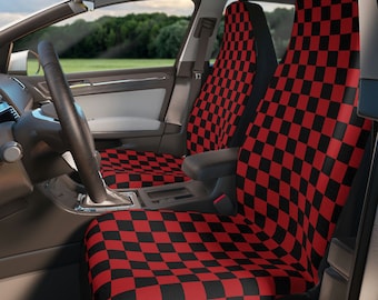 Car Seat Covers for Vehicle, Checkered Seat Cover, Red Seat Covers, Checkerboard Covers, Bizarre Car Seat Covers, Universal Fit, Set of 2
