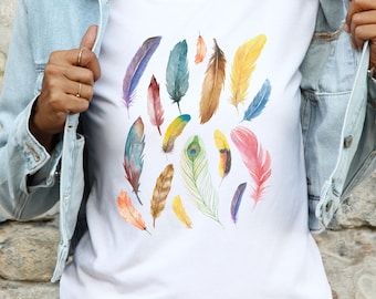 Feathers Tshirt, Shirt with Feathers, Feather Watercolor Shirt, Watercolor Tshirt, Cottagecore Design, Back to School Shirt, Short Sleeve