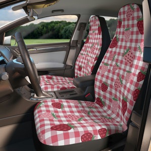 Car Seat Covers for Vehicle, Bizarre Car Seat Cover, Strawberry Checkerboard Car Seat Cover, Universal Fit, Set of 2, Bucket Seat Covers