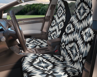 Car Seat Covers Vehicle, Black Ikat Pattern Seat Protectors, Aztec Seat Cover, Gift for Car, Bizarre Seat Cover, Universal Fit, Set of 2
