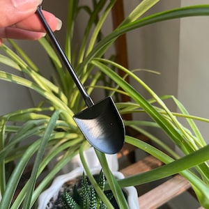 May include: A small, matte black metal shovel-shaped spoon with a long, slender handle and a wide, scoop-like head. The tool features a smooth, dark finish and a pointed tip, designed for gardening or decorative use in small potted plants.