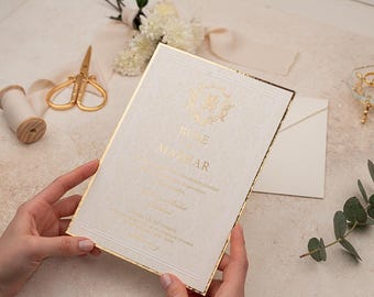 Luxury Ivory Wedding Invitation with Gold Foil Edges, Elegant Handmade Invite, Classic Ivory Elegant Invite, Premium Card With Gilded Edges