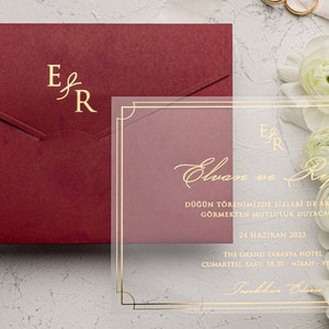Invitación de boda acrílica con lámina de oro, sobre de borgoña con invitación de acrílico transparente, Save The Date, Suite de invitación de boda transparente