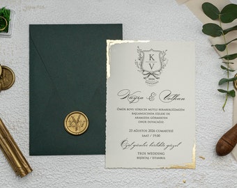 Classy Wedding Invitation Set, Personalized Emerald Green Envelope With Gold Wax Seal,  Ivory Wedding Invite With Gold Foil, RSVP Card