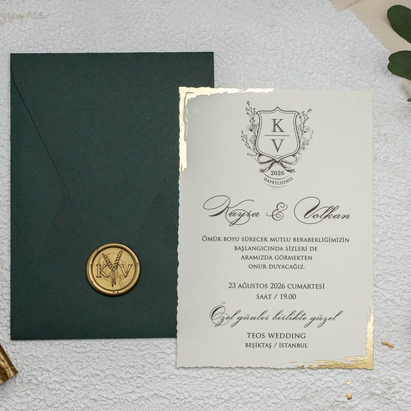 Classy Wedding Invitation Set, Personalized Emerald Green Envelope With Gold Wax Seal,  Ivory Wedding Invite With Gold Foil, RSVP Card