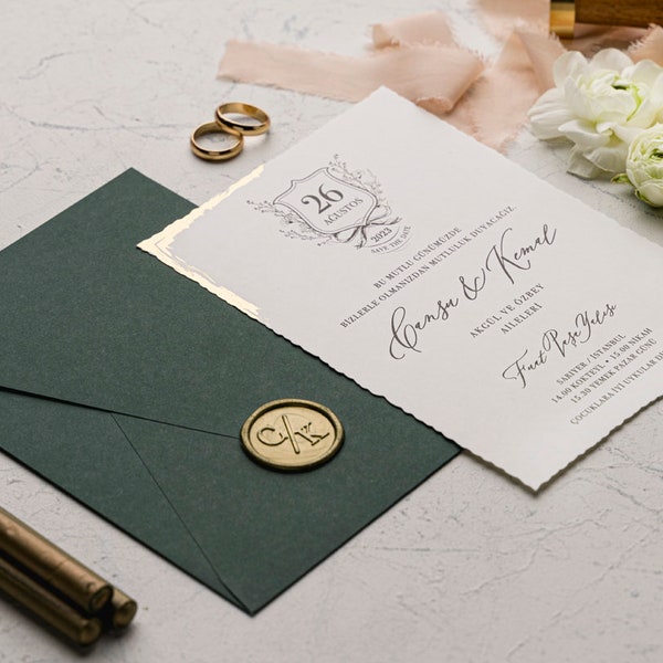 Green Ivory Wedding Invitation Set, Gold Foil Border, Elegant  Wedding Invite With Custom Wax Seal, Save The Date, Cream Minimalist Invite