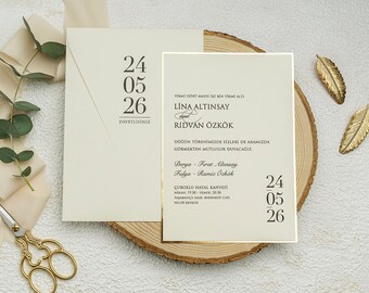 Ivory and Gold Border Invitation Wedding, Ivory Printed Envelope, Cream Wedding Invitation With Gold Foil, Minimal Wedding Invite Set, STD
