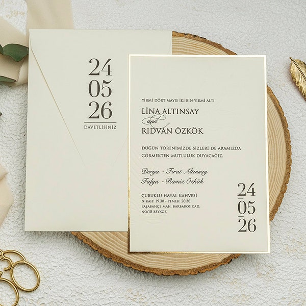 Ivory and Gold Border Invitation Wedding, Ivory Printed Envelope, Cream Wedding Invitation With Gold Foil, Minimal Wedding Invite Set, STD
