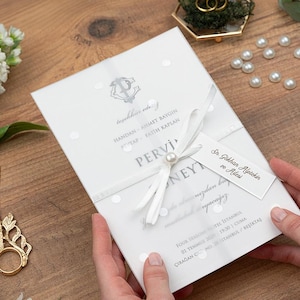 Ensemble de faire-part de mariage en vélin à pois blancs avec ruban de perles, ensemble de faire-part de mariage en vélin translucide, invitation de douche nuptiale élégante
