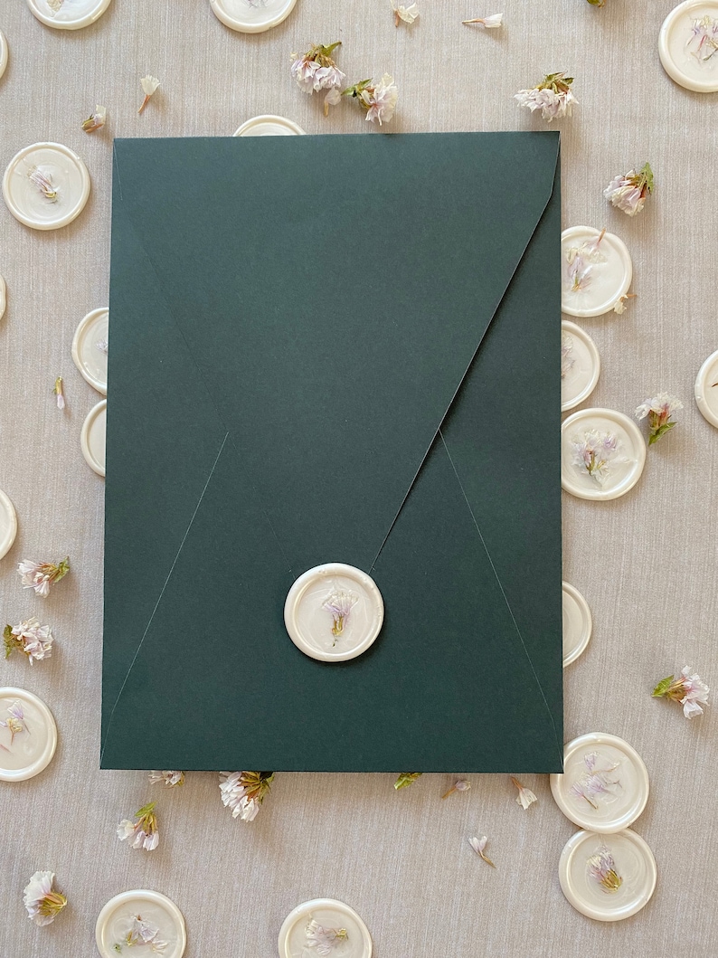 Sello de cera de flores secas para invitaciones de boda, sello autoadhesivo personalizado para invitaciones de boda, sello de cera despegable y pegable, sello hecho a medida imagen 5