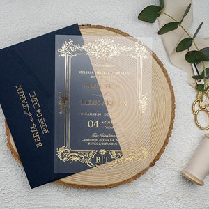 Hochzeitseinladung Vintage, benutzerdefinierte Acryl mit Goldfolie Hochzeitseinladung, Marineblau Umschlag, moderne Boho Hochzeitseinladung Set, Wachssiegel