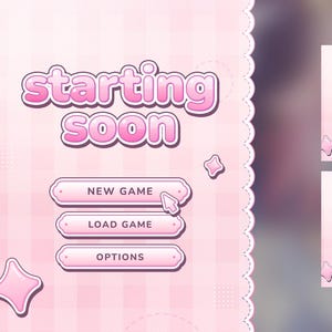 May include: A pink and white game interface design featuring the text "starting soon" and menu options. Additional panels display "ending soon" and "game paused" with buttons. The design has a cute, feminine aesthetic.