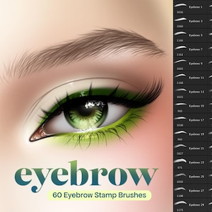 May include: An eye with green eyeshadow and a detailed eyebrow, with a selection of 60 eyebrow stamp brushes. The word "eyebrow" is displayed in a teal and green gradient font.
