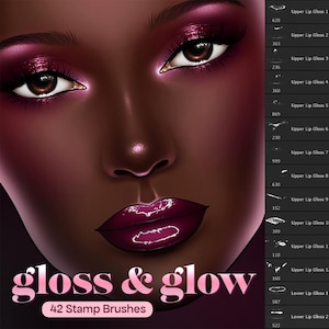Puede incluir: Ilustración digital del rostro de una mujer con labios y maquillaje de ojos rosa oscuro brillante. La imagen está etiquetada como "gloss & glow" con "42 Stamp Brushes" debajo. A la derecha hay una lista de pinceles de maquillaje.