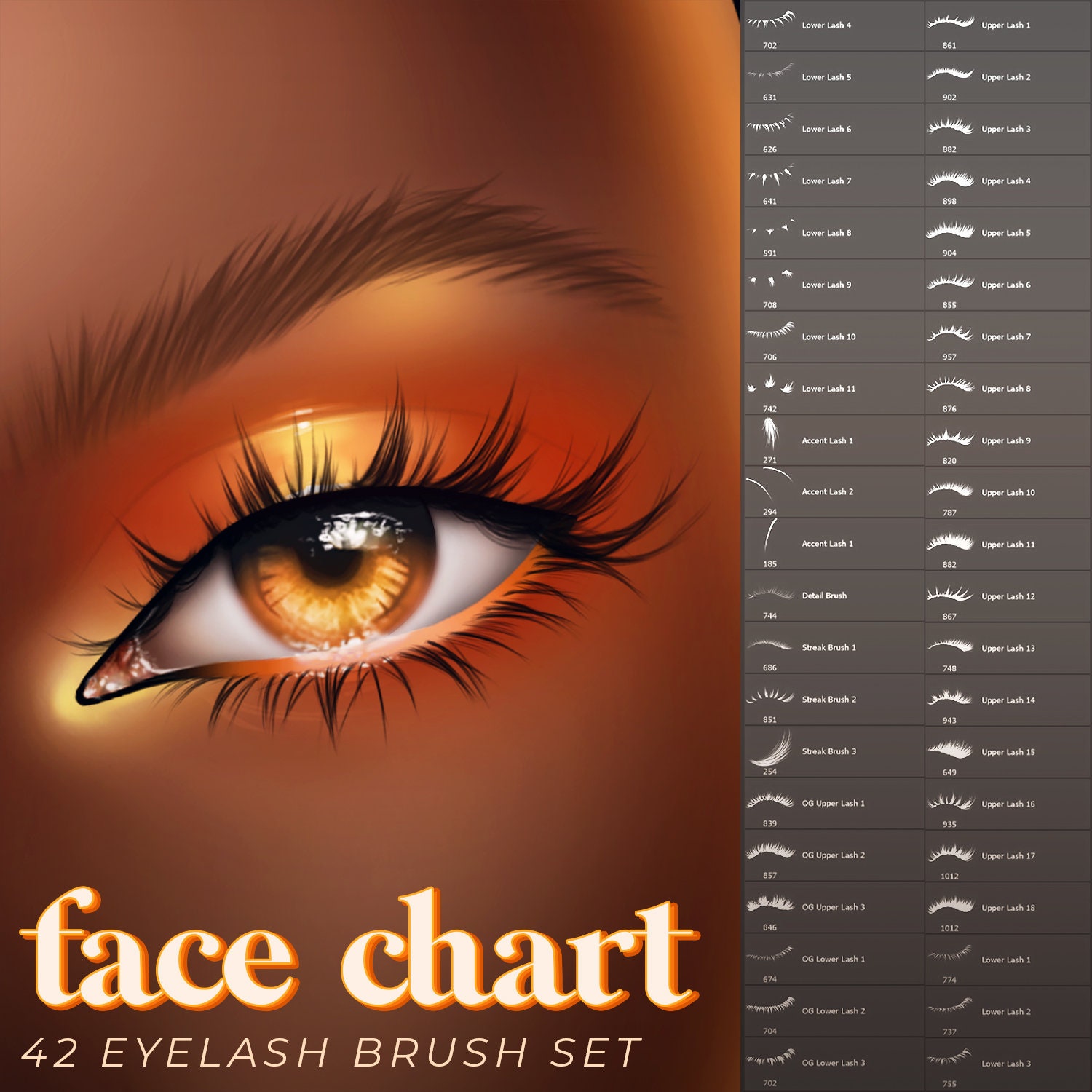 Face Chart Eyelash Stamp Brush Pack (42 Brushes) for Photoshop, Procreate, Krita & Clip Studio - Image 1