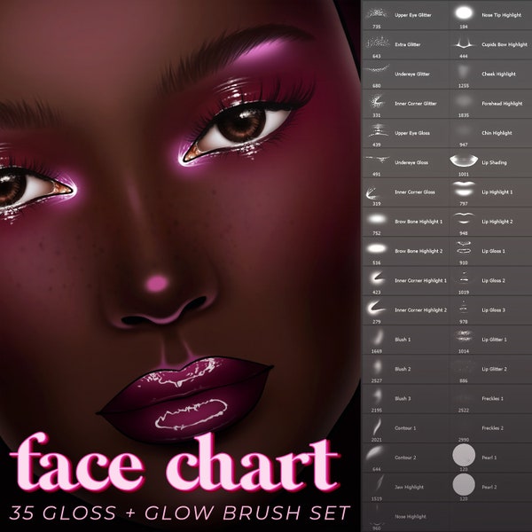 Face Chart 35-teiliges Gloss & Glow-Stempelpinsel-Set | Photoshop, Procreate, Krita, Clip Studio Paint