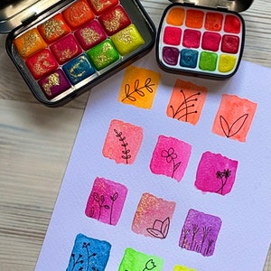 Prunella Set | Aquarellfarbe | Watercolor 1/2 Pan | vegan | UV-Leuchtfarbe | Handlettering | Kalligraphie | Schimmerfarbe | Metallicfarbe