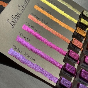 Watercolor Paint Mica Duotone | Indian Summer Set | Pink Orange Gold – Handmade Vegan Half and Quarter Pan | Calligraphy Paint