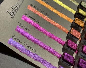 Aquarelverf met mica in duotone-tinten | Indian Summer Set | Roze, Oranje, Goud – Handgemaakt, veganistisch, half en kwart napje | Kalligrafieverf