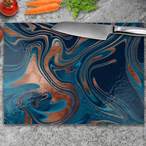 Blue and Copper Marble Textured Tempered Glass Chopping Board, Glass Chopping Boards, Glass Cutting Boards, Cutting Boards,