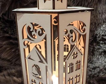 Kerstlantaarn | Kerstlantaarn | Huizen | Kerk | Sjabloon | Lasergesneden | SVG om te downloaden