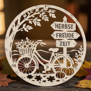 Couronne d'automne en forme de vélo | Couronne de porte | Modèle | Découpe laser | Téléchargement SVG