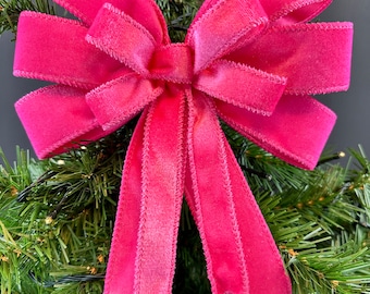 Pink Velvet Christmas Bow, pink Christmas Decor, handmade Christmas bow, hot pink bow, pink velvet Christmas tree bow, Christmas tree Bow