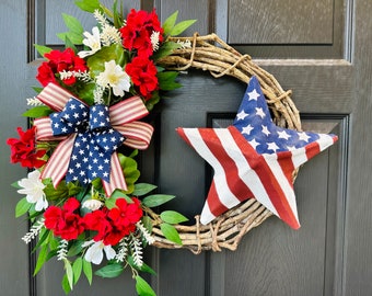 Red geranium wreath, July 4th flowers Wreath, 4th of July wall Decor, Patriotic star Wreath, Stars and Stripes Fourth of July, summer porch