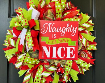Funny Christmas wreath, Funny Christmas Decoration Front Door, Naughty Christmas decoration, naughty christmas wreath, red and lime green