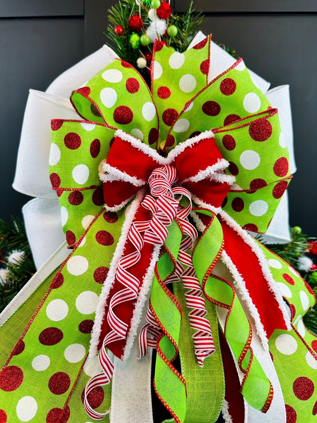 Christmas Tree Topper Bow, XL Tree Topper, Red Lime Green Christmas Bow ...