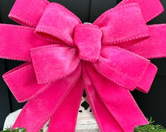 Pink Velvet Valentines Bow, pink Valentine Decor, handmade Valentine bow, hot pink bow, pink velvet bow, Valentines Day Decoration, pink bow