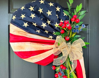 July 4th Flag wrapped Wreath, Flag drapped Wreath, Flag Wreath with flowers, Double Door flag Wreaths,  flag decoration, Old fashion Porch