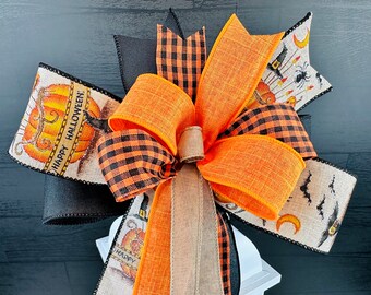 Primitive Halloween Bow for Lantern, Halloween farmhouse bow for wreath, Halloween Bow for mailbox, Trick or Treat Halloween wreath bow