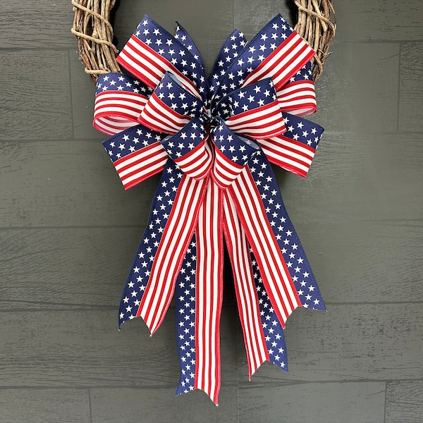 Flag Wreath Bow, flag decoration, red white blue bow, stars and stripes bow, Memorial Day Cemetery bow, 4th of July porch decor, Mailbox bow