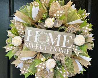 Home Sweet Home Wreath with flowers, Neutral Door wreath, Neutral Welcome Wreath, Burlap Farmhouse wreath, Farmhouse peony Eucalyptus wreath