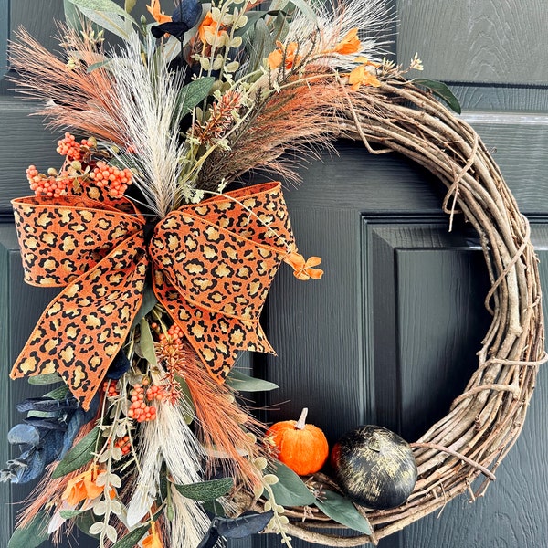 Fall Cheetah Wreath for Front Door, Boho Autumn Mantle Wreath, Boho leopard fall wreath, fall boho pumpkin wreath, autumn cheetah wall decor