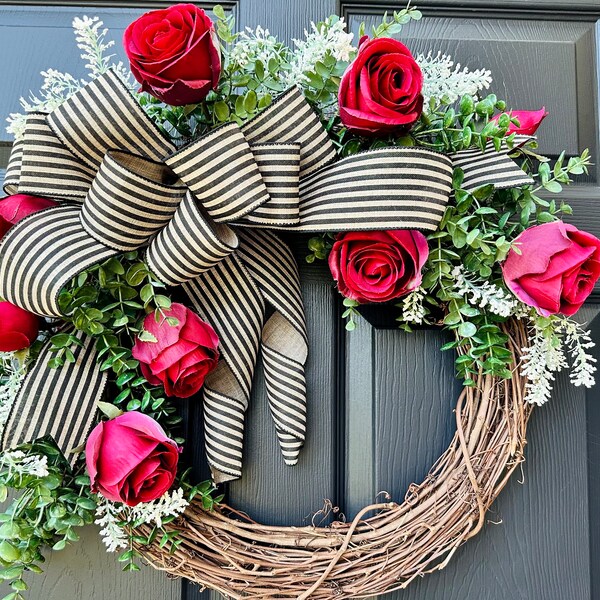 summer roses Wreath for Front Door, roses home decor, red roses wall decor, front door wreath, farmhouse summer floral, rose gardener gift