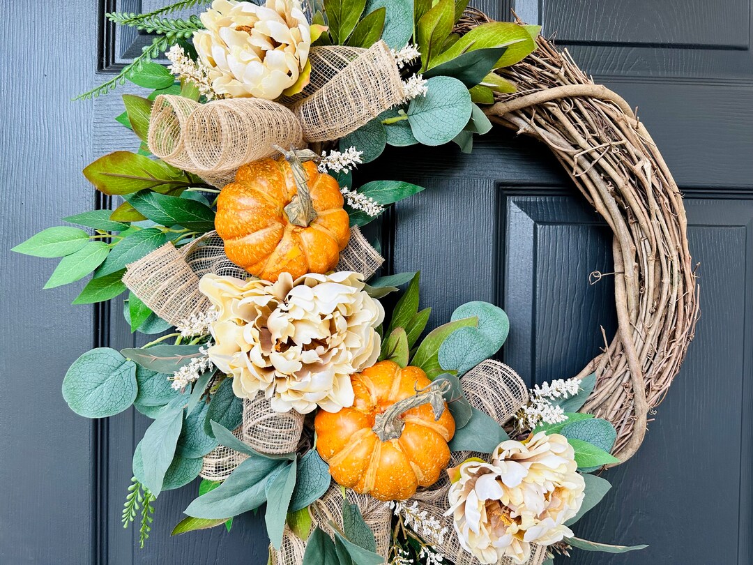 Fall Farmhouse Pumpkin Wreath, Fall Wreath for Front Door, Fall Pumpkin ...