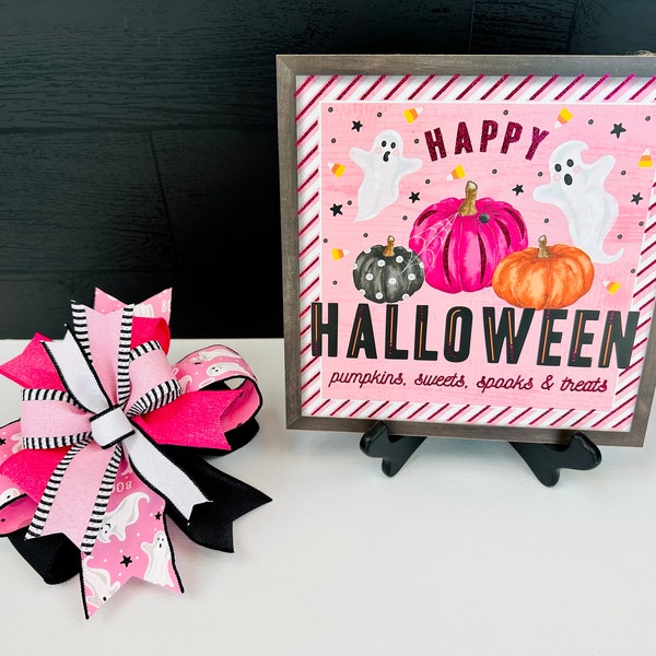 Pink Halloween Bow and ghost sign, Pink Halloween Sign, pink Halloween decoration, pink Halloween shelf sitter sign, pink Halloween tree bow