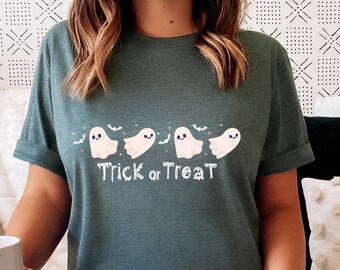 Trick or Treat Ghosts Halloween T-Shirt, Cute Spooky Season Graphic Tee, Cozy Casual Fall Outfit, Fun Halloween Party Top