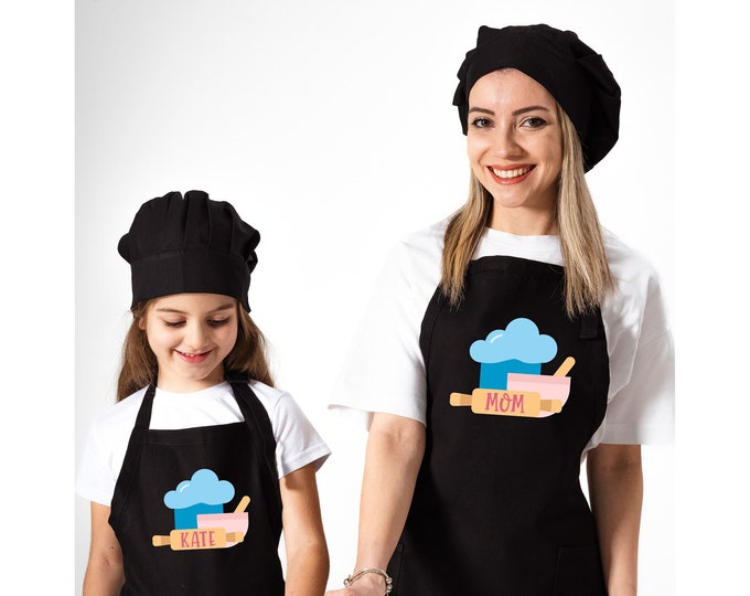 Personalized Apron and Hat Set, Custom Child's Apron, Mom and Daughter Cooking Apron, Customized Apron, Kid's Birthday Gift, Hostess Gift