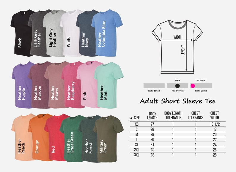 May include: A chart showing the size chart for adult short sleeve t-shirts. The chart shows the body length, body length tolerance, chest tolerance, and chest width for sizes XS to 3XL. The chart also shows the color options for the t-shirts, which include black, dark grey heather, light grey heather, white, heather navy, heather columbia blue, heather purple, heather maroon, heather mauve, heather raspberry, pink, heather mint, heather peach, orange, red, heather grass green, heather forest, military green, and green.