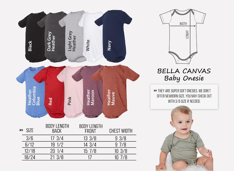 May include: A size chart for Bella Canvas baby onesies in various colors, including black, red, pink, heather maroon, heather mauve, heather columbia blue, dark grey heather, light grey heather, white, and navy. The chart shows the body length, back and front, and chest width in inches for sizes 3/6, 6/12, 12/18, and 18/24. The text "Bella Canvas Baby Onesie" is displayed above the chart. The text "They are super soft onesies. We don't offer newborn size. You may check out with 3/6 size if needed." is displayed below the chart.