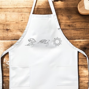 Minimalist Ocean Wave Apron with Pockets, Dolphin and Sun Coastal Kitchen Apron, Beach Lover Cooking Gift, Summer Hostess Baking Apron